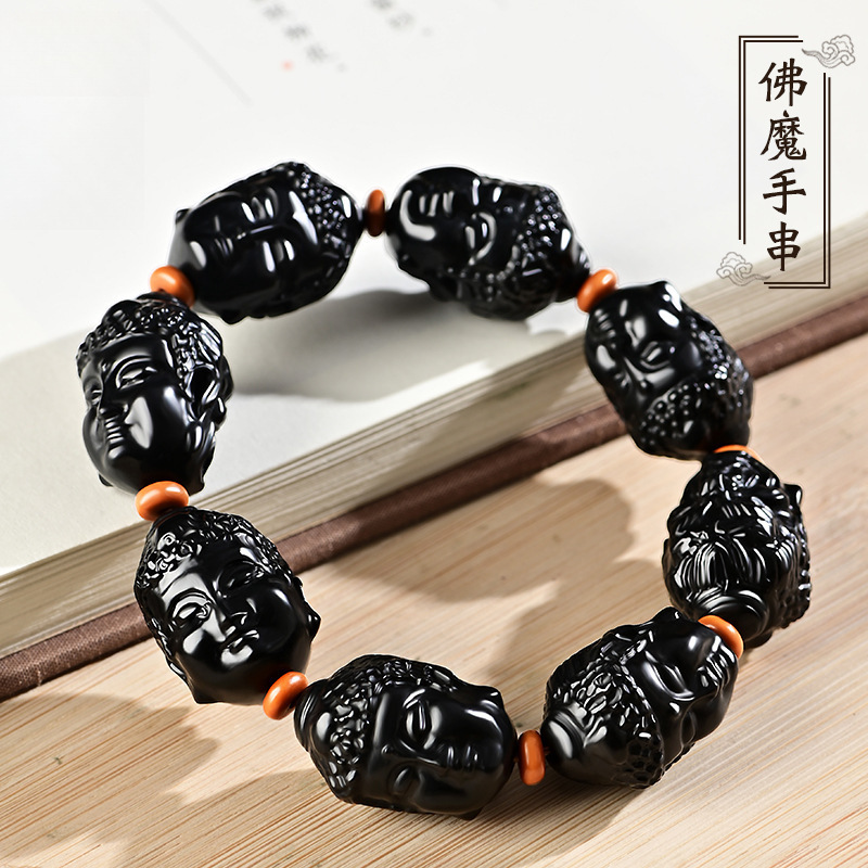 fa精雕新疆和田玉墨玉佛魔一念之间手串男士黑羊脂神魔手链文玩盘