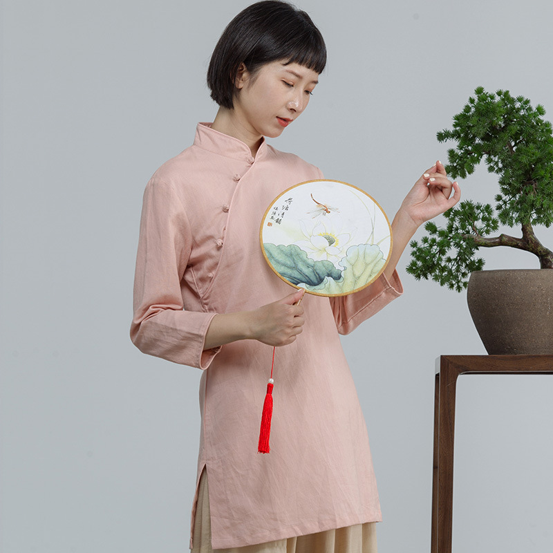 婵意改良中式旗袍上衣七分袖唐装女年轻版上衣素茶女装麻料茶服夏