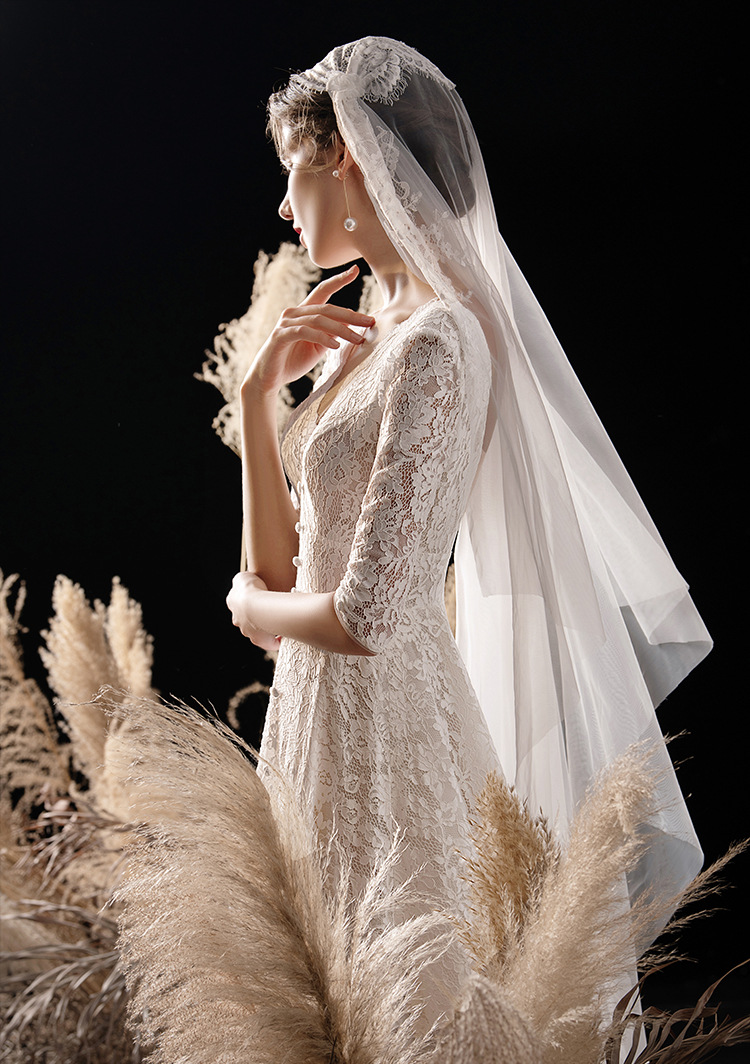 主婚纱2021新款拖尾气质新娘女森系x领显瘦修身婚纱礼服一件代发