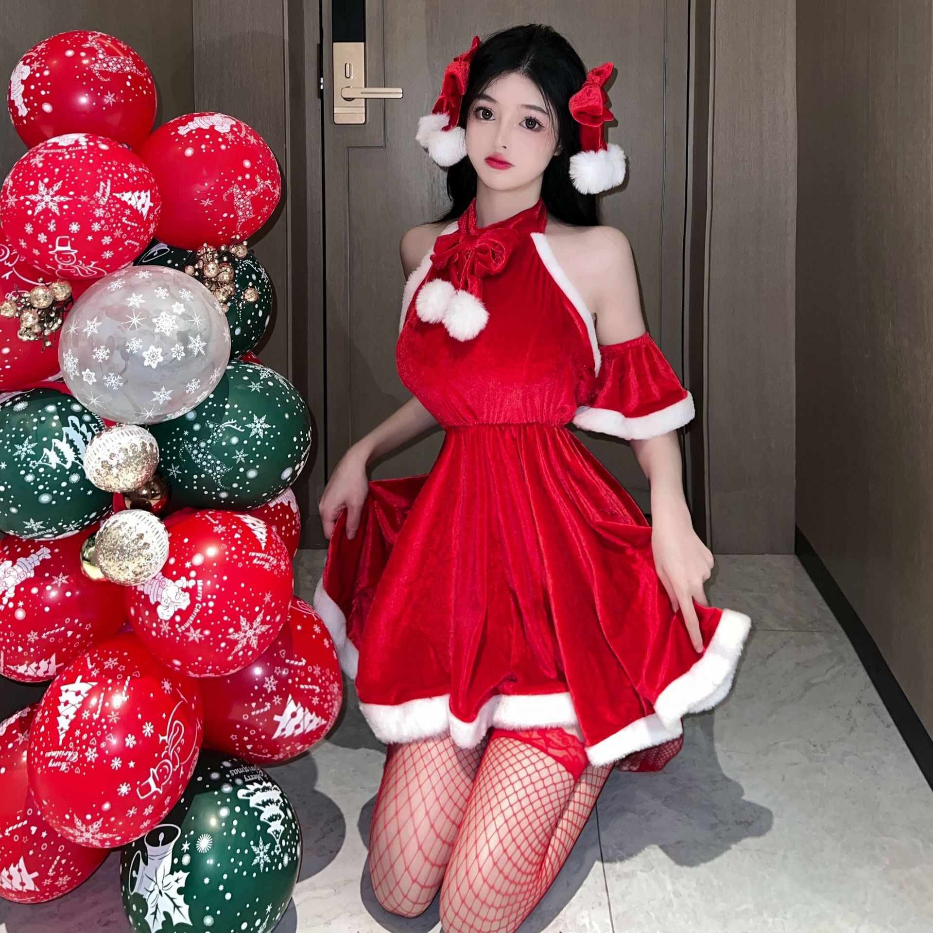 Qinyun New Autumn and Winter Women's Dress Sexy Christmas Hot Girl Uniform Passion Backless Sexy Lingerie 5682