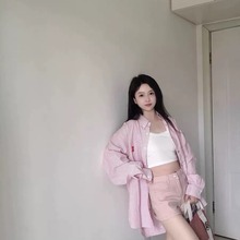 韩系甜美粉色条纹衬衫女春秋薄外套小众设计感内搭上衣长袖衬衣服
