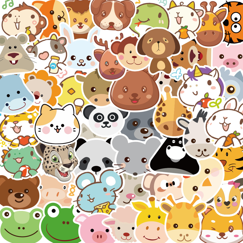 50张可爱卡通动物头像儿童文具水杯笔记本防水奖励表情手账贴纸包