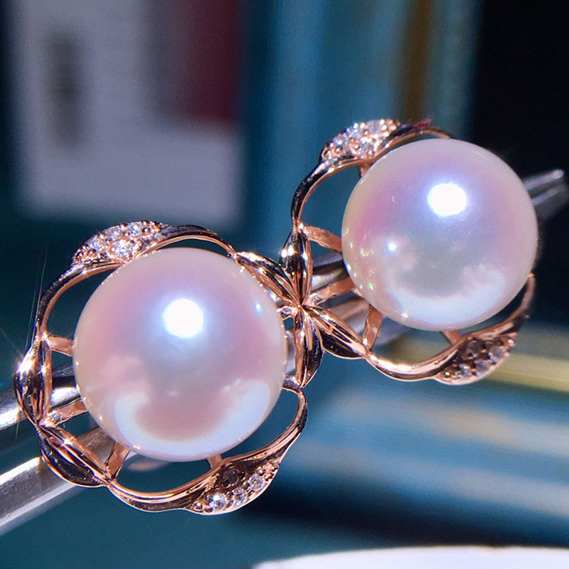 东珠珍珠耳环18k金镶钻9mm正圆强光白色海水珍珠耳饰珍珠耳坠