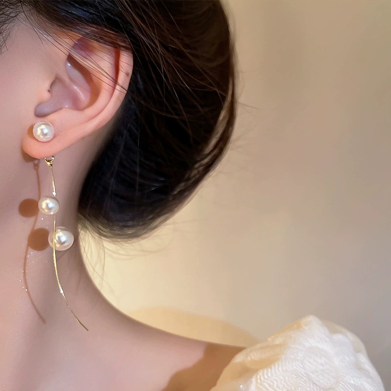 925银针韩国曲线s形设计珍珠显脸瘦网红优雅一款两戴气质长款耳钉