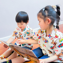 miki童装夏季度假风男女童中小童可爱卡通花衬衫上衣短袖薄款衬衣