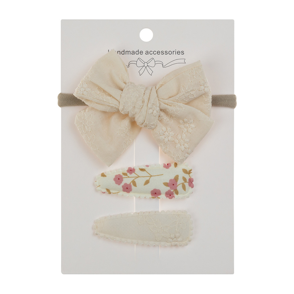 Cross-Border Amazon Wholesale Baby and Infant Headband Handmade Hair Accessories Pure Cotton Embroidery Bow Headband Barrettes Set