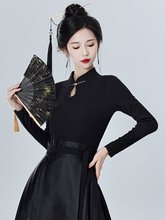 马面裙搭配的上衣t恤长袖黑色气质修身立领衬衣女国风新中式衬衫