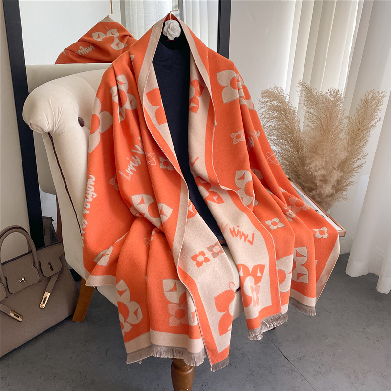 Autumn and Winter Five-Leaf Flower Artificial Cashmere Scarf Lady Style All-Matching Warm Shawl Dual-Use Winter Bib Long Shawl