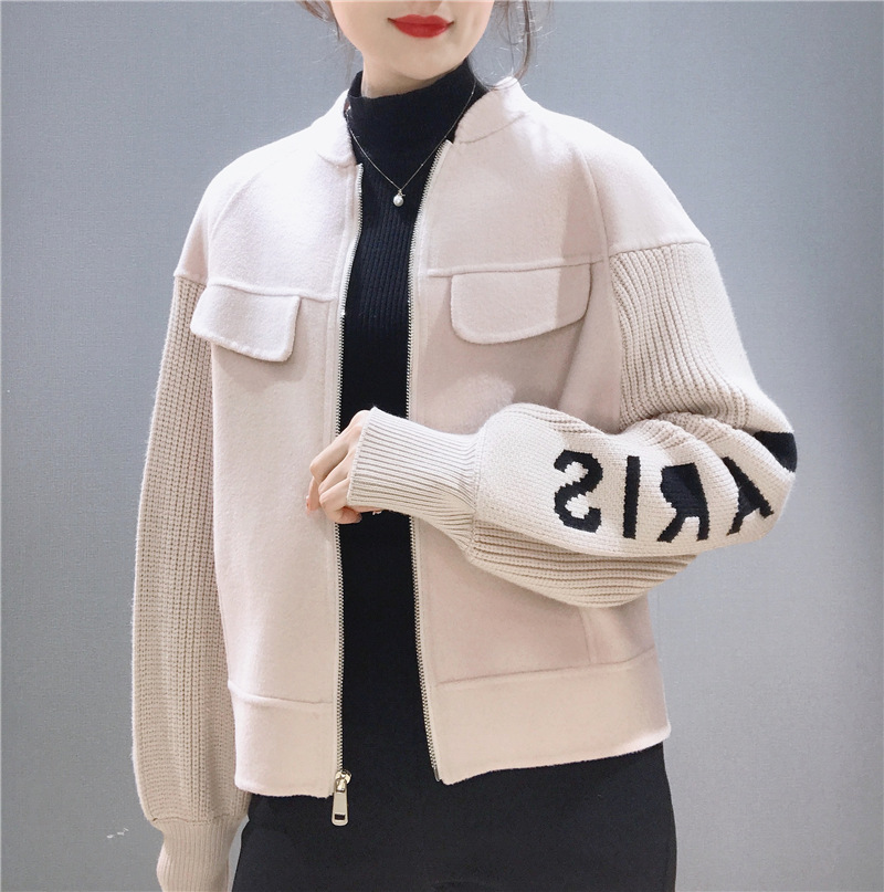 2021年秋冬季新款韩版时尚纯色溜肩针织拼接短款双面毛呢短外套