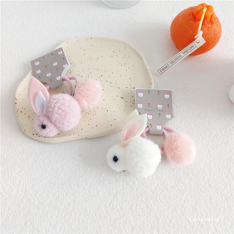 新款儿童发饰兔子卡通发圈女童皮筋水貂毛球球发绳女孩软配饰头饰