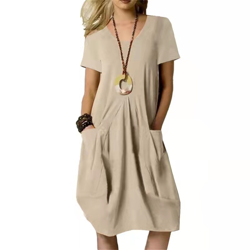 2023 Cross-Border Summer New Amazon Wish Hot Sale Cotton and Linen Solid Color Loose round Neck Short Sleeve Dress