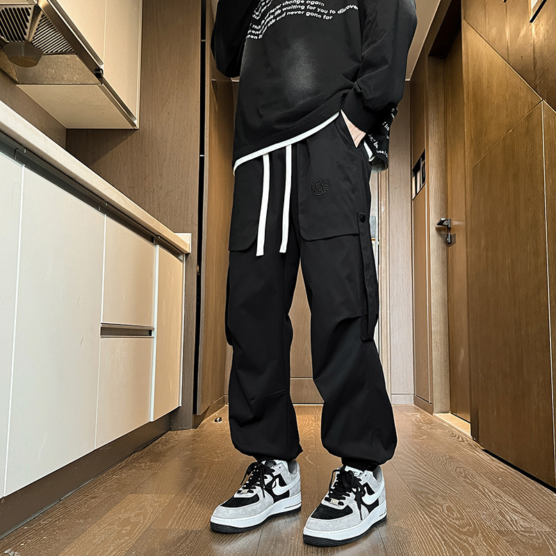 2024夏季新款港风工装休闲裤男宽松纯色束脚裤男情侣简约小脚裤男