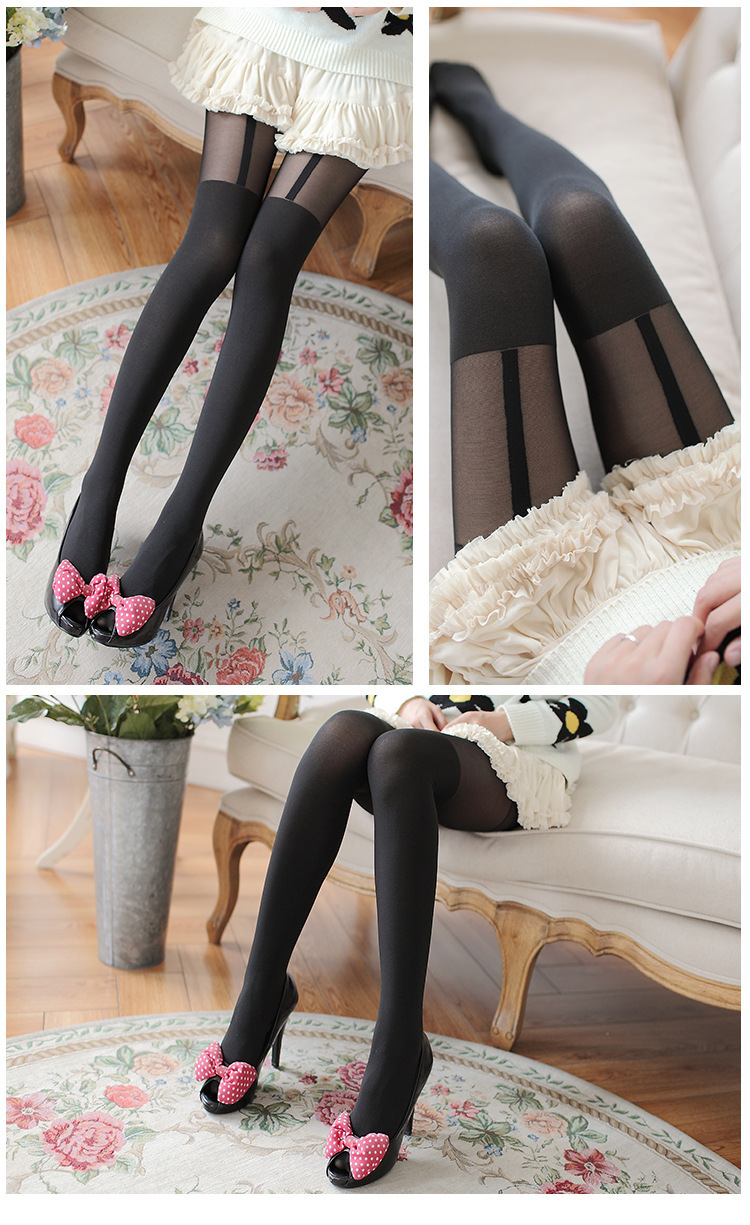 日系情趣丝袜女黑丝蝴蝶结学生连裤袜性感诱惑假高筒大腿拼接打底
