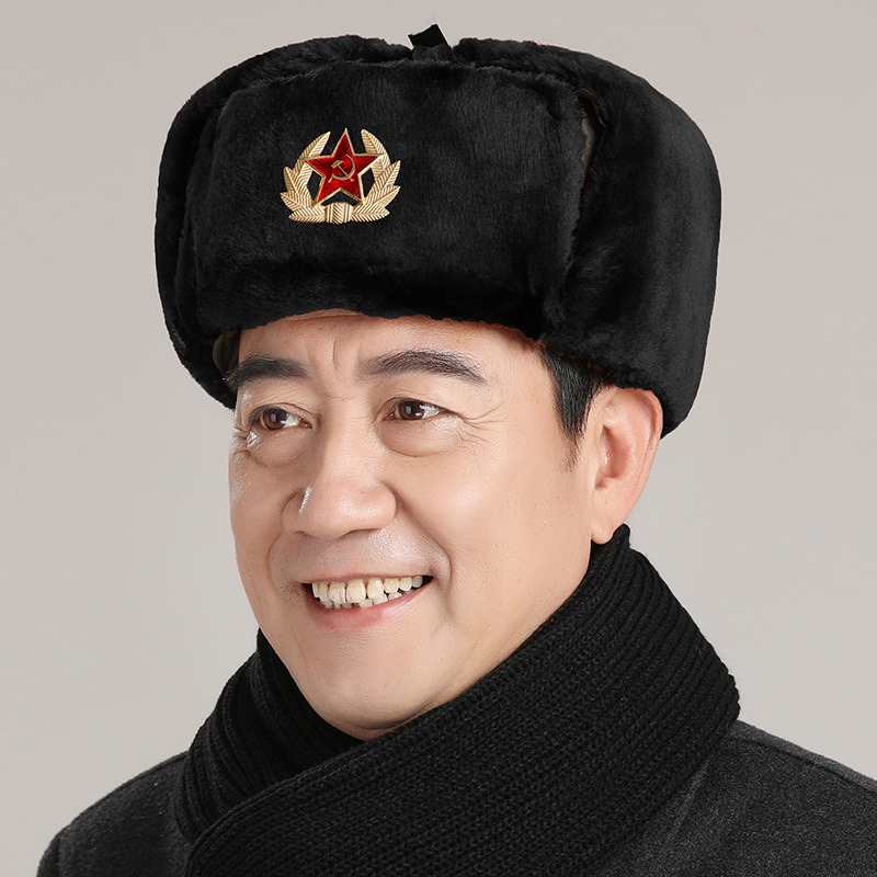 冬季雷锋帽帽子户外东北防寒帽骑车护耳加厚军帽防风保暖老人棉帽