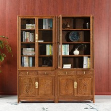 红木家具鸡翅木书房书柜带门仿古中式实木书橱书架自由组合玻璃柜