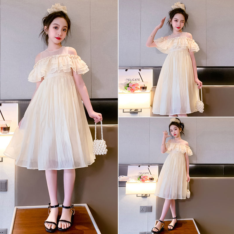 女童露肩纱裙夏季新款连衣裙洋气儿童过膝长裙夏女孩背心公主裙子