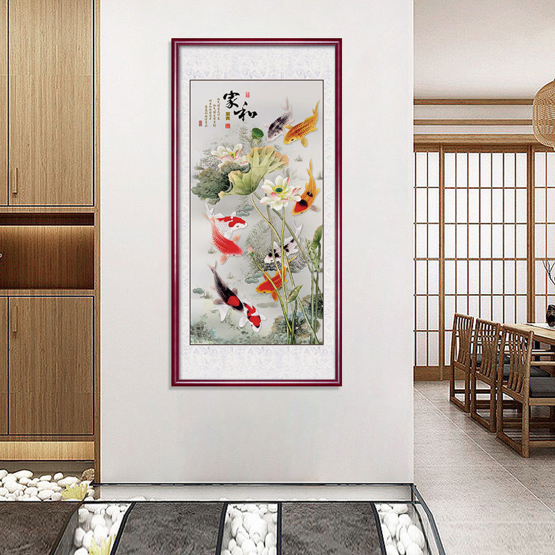 九鱼聚财图墙壁画客厅装饰画年年有余挂画招财荷花鲤鱼手绘水墨画