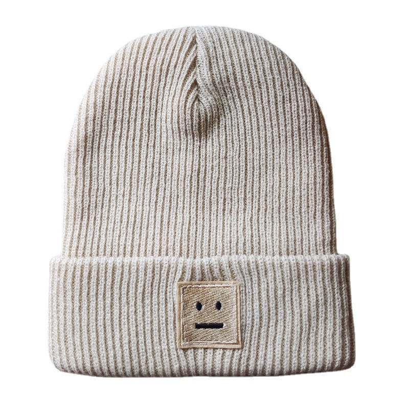 Korean Style Square Smiling Face Embroidery Knitted Hat Men's and Women's Fall Winter Couples Warm Beanie Hat Fashion Classic All-Matching Woolen