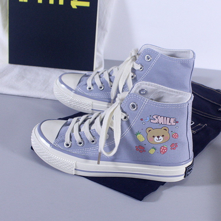 2022春季新款高帮鞋卡通小熊彩色手绘帆布鞋女ulzzang百搭板鞋子