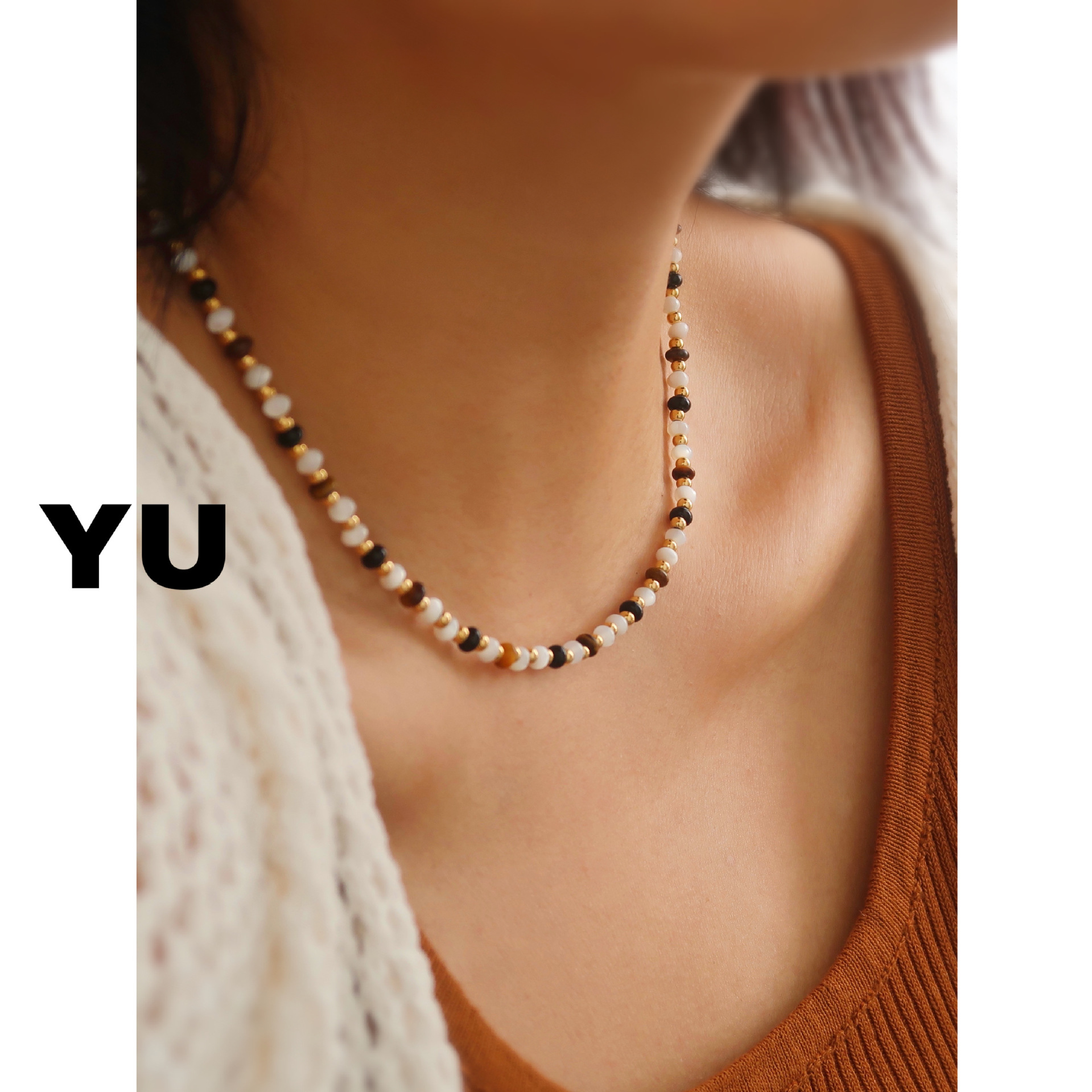 Heyu Ornament Natural Stone Crystal Black and White, Colored Beaded Necklace Bracelet Titanium Steel Tigereye Black Agate Clavicle Chain