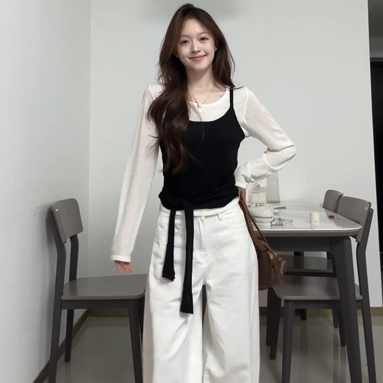 韩系ins风假两件长袖t恤女早秋季2025新款设计感温柔气质修身上衣