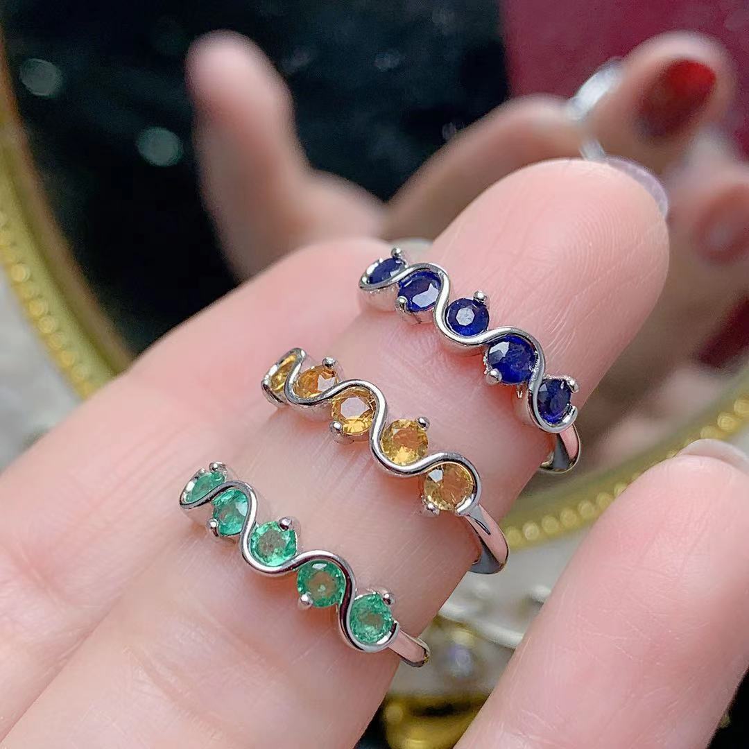 一件代发天然彩宝排戒925银镶嵌蓝宝石黄水晶女戒复古食指戒首饰