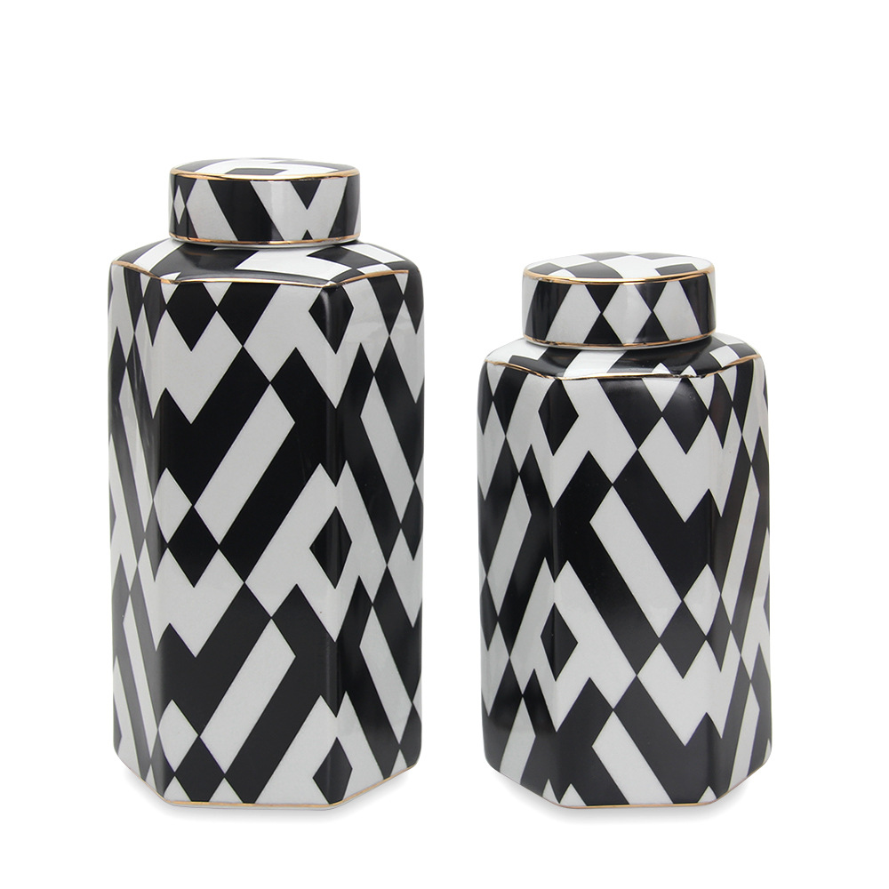 陶瓷黑白条纹茶叶罐北欧工艺品摆件玄关台面陈设花瓶插花储物罐