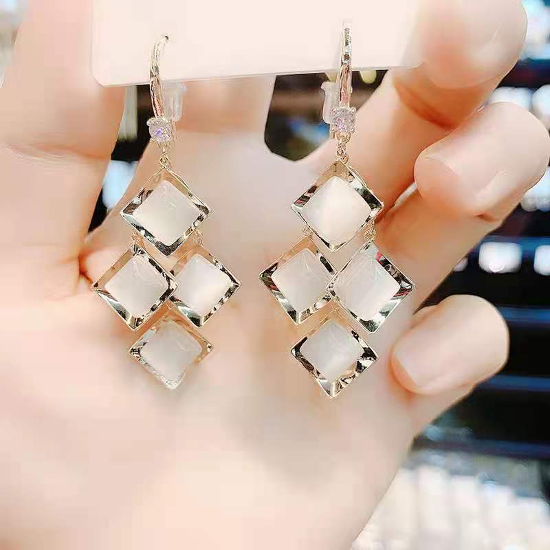 New Opal Rhombus Earrings Sterling Silver Needle Exquisite and Versatile Temperament Korean Style High-Grade Earrings