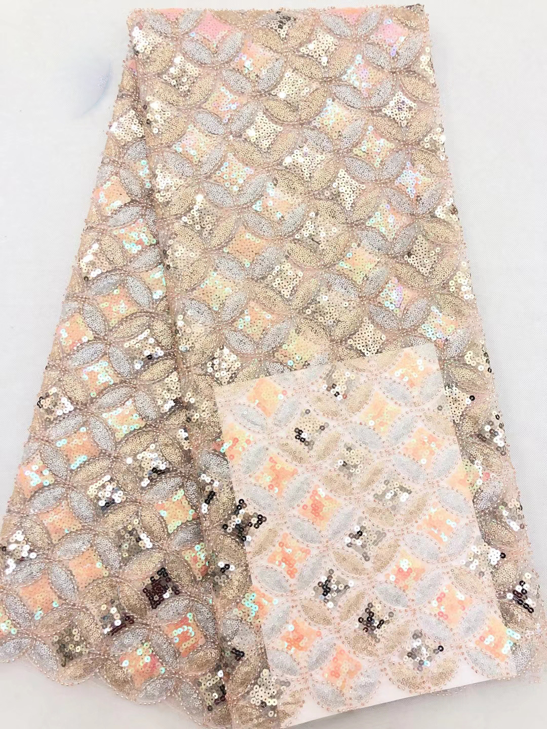 珠管绣复古圆形铜钱图案亮片串珠平绣面料旗袍走秀服装辅料 jx336