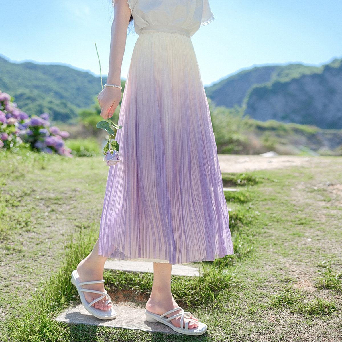 复古文艺柔美渐变色网纱半身裙裙子女2024夏季新品高腰伞裙