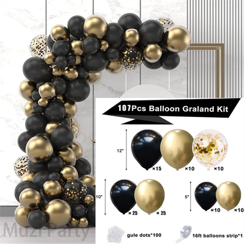 Cross-Border Direct Supply Black Gold Sequins Latex Balloon Chain Set Wedding Ceremony Wedding Room Birthday Party Decoration Supplies Package