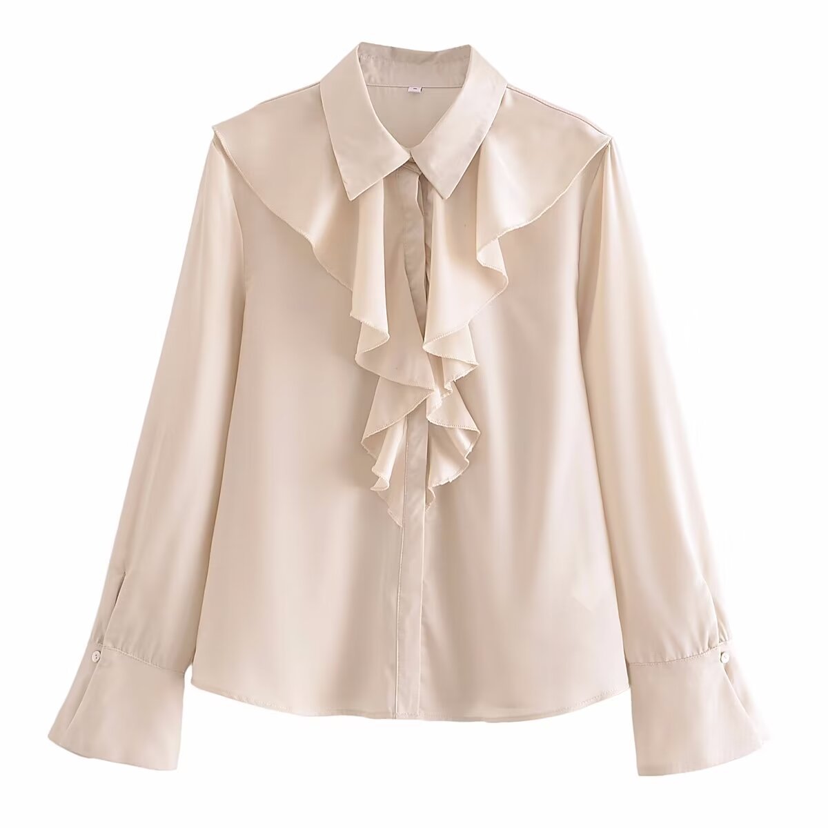 6072-24早春新款 法式复古风少女气质休闲胸前叠层装饰微喇袖衬衫