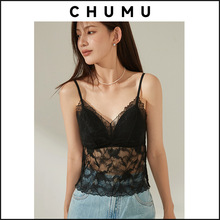 CHUMU法式美背内衣女小胸固定杯性感蕾丝吊带小背心带胸垫内搭薄