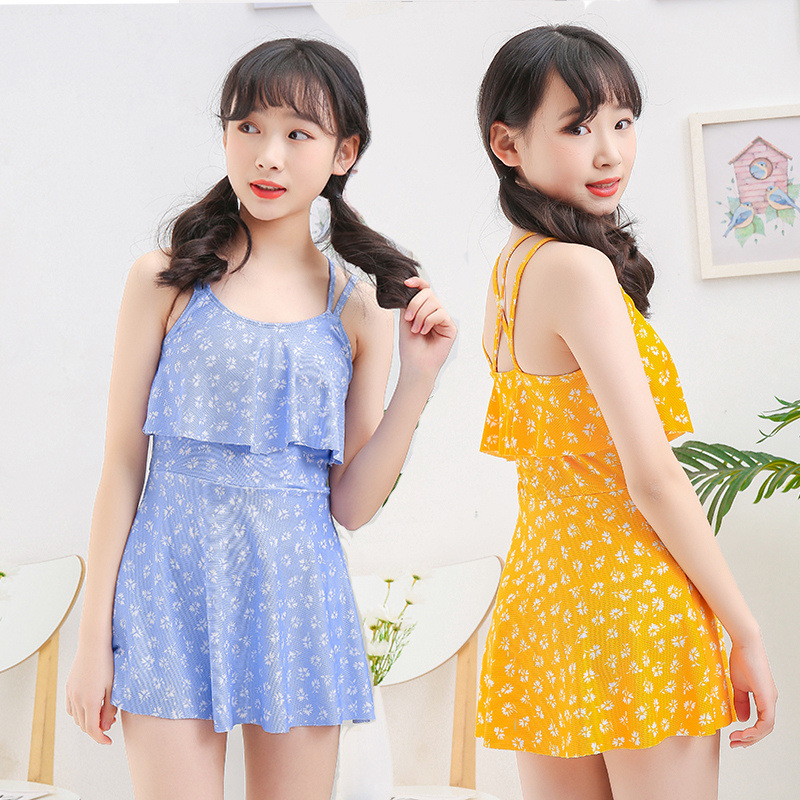 2022女童泳衣中童公主裙式连体9-13岁时尚纯色平角儿童泳装厂批发