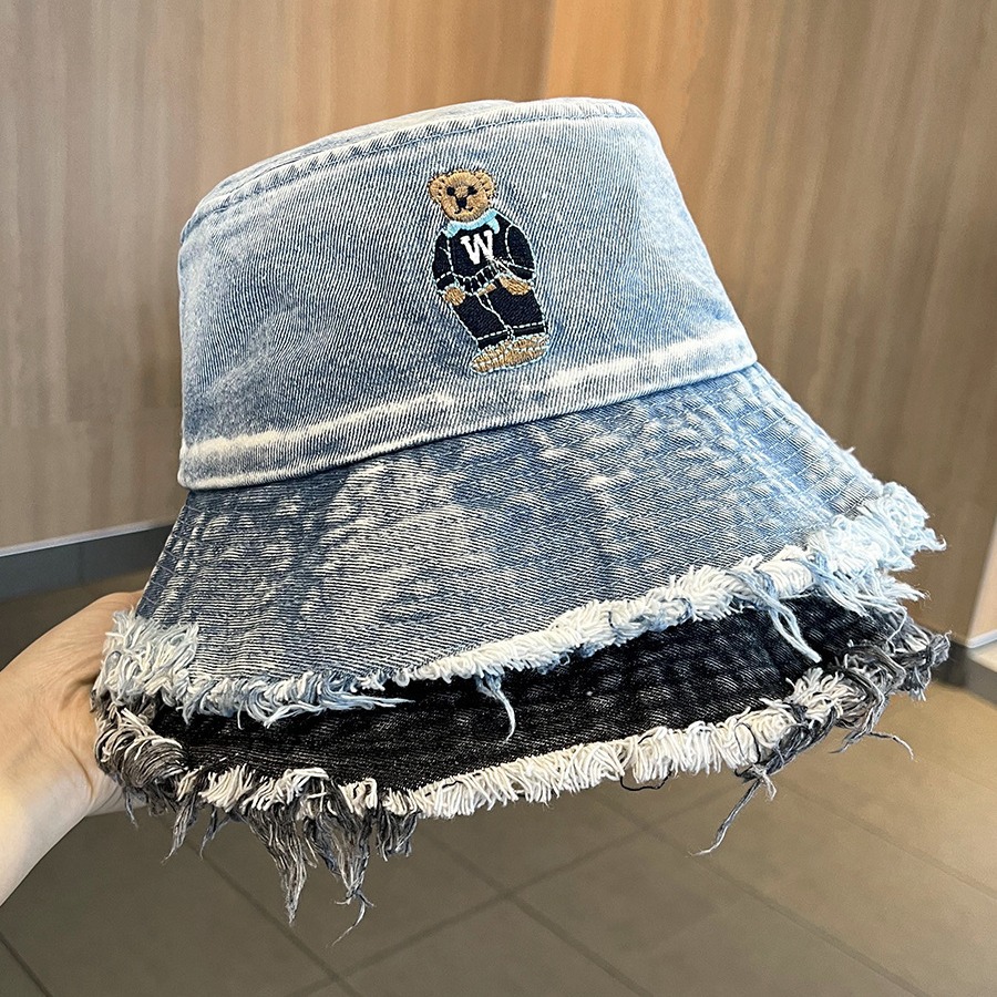 frayed retro jean fisherman hat women‘s spring sunlight blocker for summer hat washed distressed cartoon bear bucket hat tide