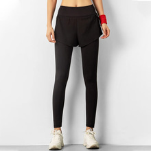 跑步裤女假两件口袋健身裤高腰弹力紧身速干透气运动瑜伽长裤薄款