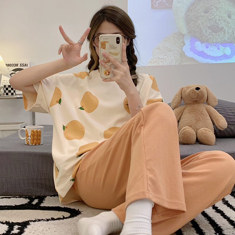 Women's Pajamas Summer Short Sleeve Trousers Thin Korean Style Ins Style Sweet Cartoon Homewear Suit Can Be Worn outside