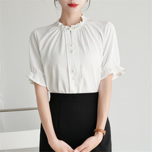 2024韩版荷叶边白色短袖衬衫女夏季新款中式设计感气质V领上衣潮