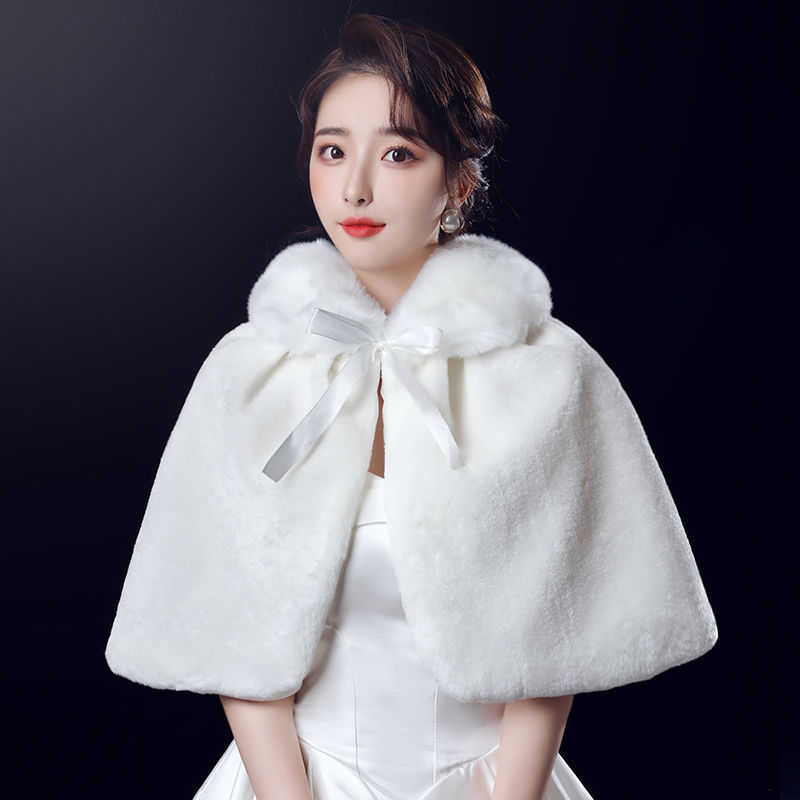 秋冬款毛披肩新娘婚纱披风结婚旗袍外搭伴娘礼仪礼服披肩斗篷外套