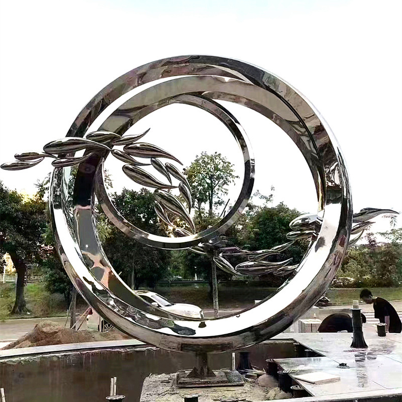 户外大型不锈钢月亮圆环金属雕塑镂空镜面发光创意酒店城市摆件