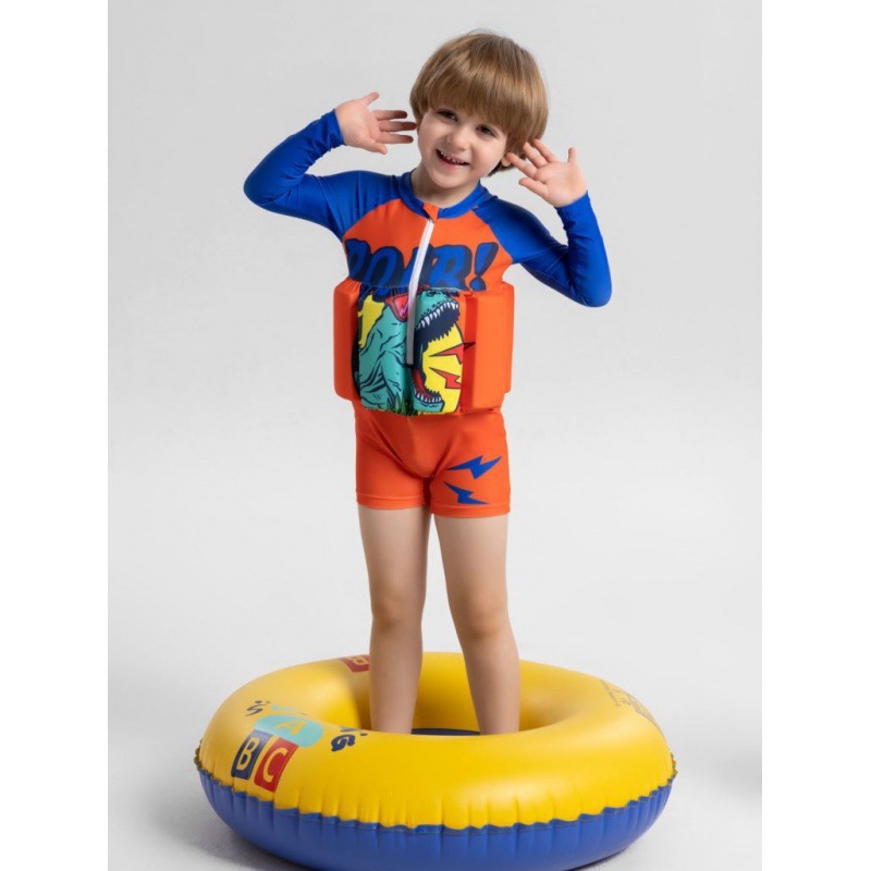 泳衣儿童浮力泳衣男童救生圈长袖平角裤连体小孩婴幼儿游泳泳衣