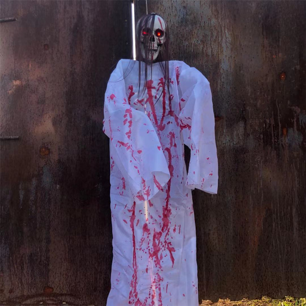 骷髅发光会叫女鬼吊式支架血衣长发女鬼密室装饰挂件整蛊吓人道具