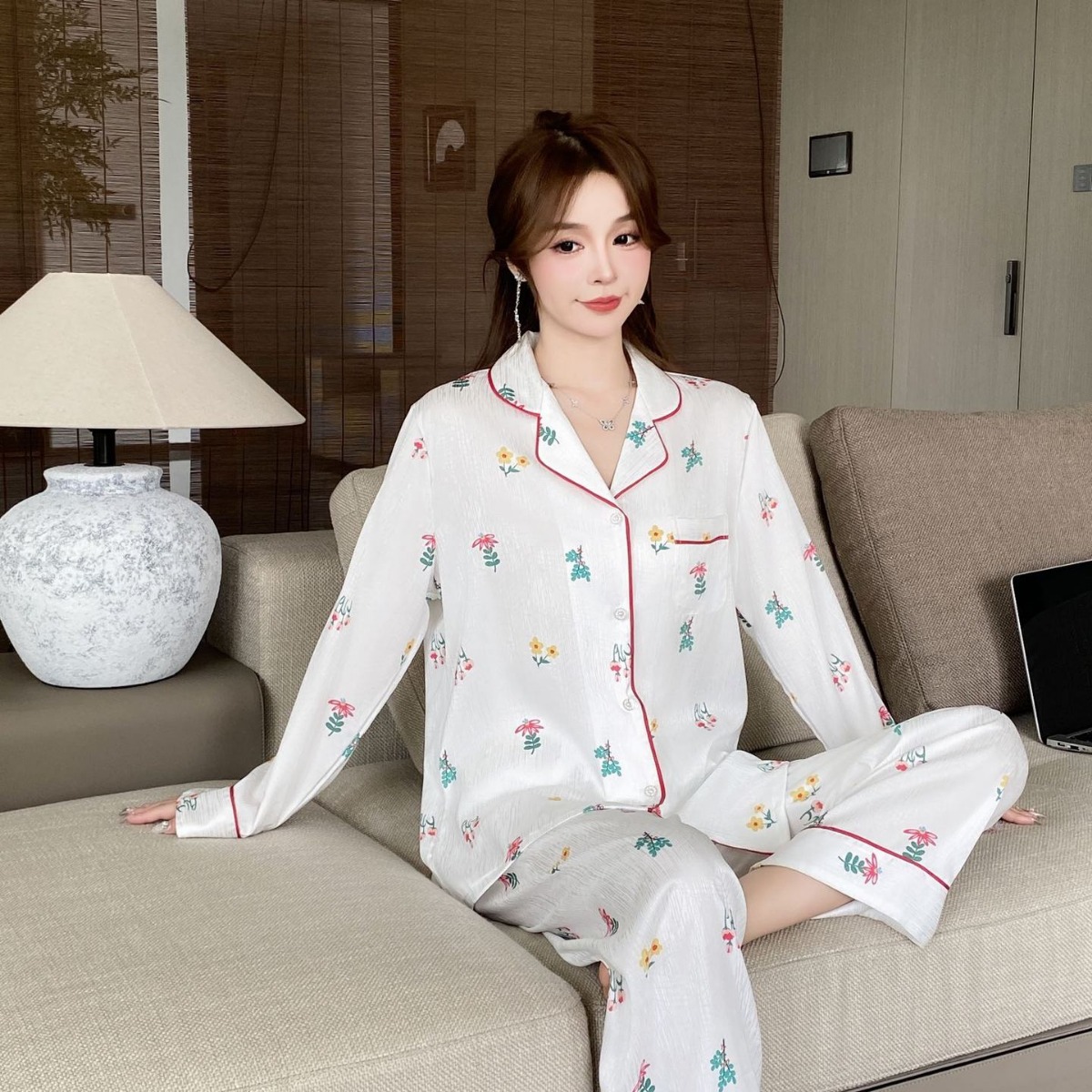 冰丝柔软印花家居服可外穿清凉时尚睡衣女春秋季-阿里巴巴