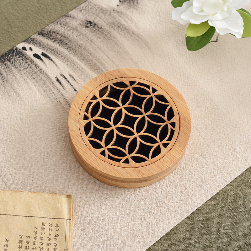 圆形熏香盒卧室香炉镂空盘香沉香圆木盒家用圆形天地盖香薰竹盒