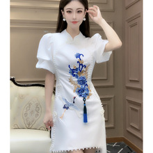 芙娜妮新中式旗袍短袖小个子2023设计感小众气质收腰时尚连衣裙女