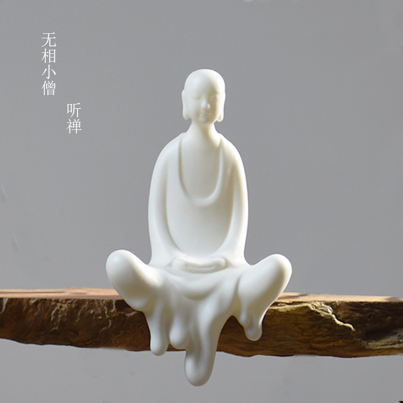 创意新中式白色陶瓷无相佛像家用摆件人物小和尚禅意木艺配件饰品