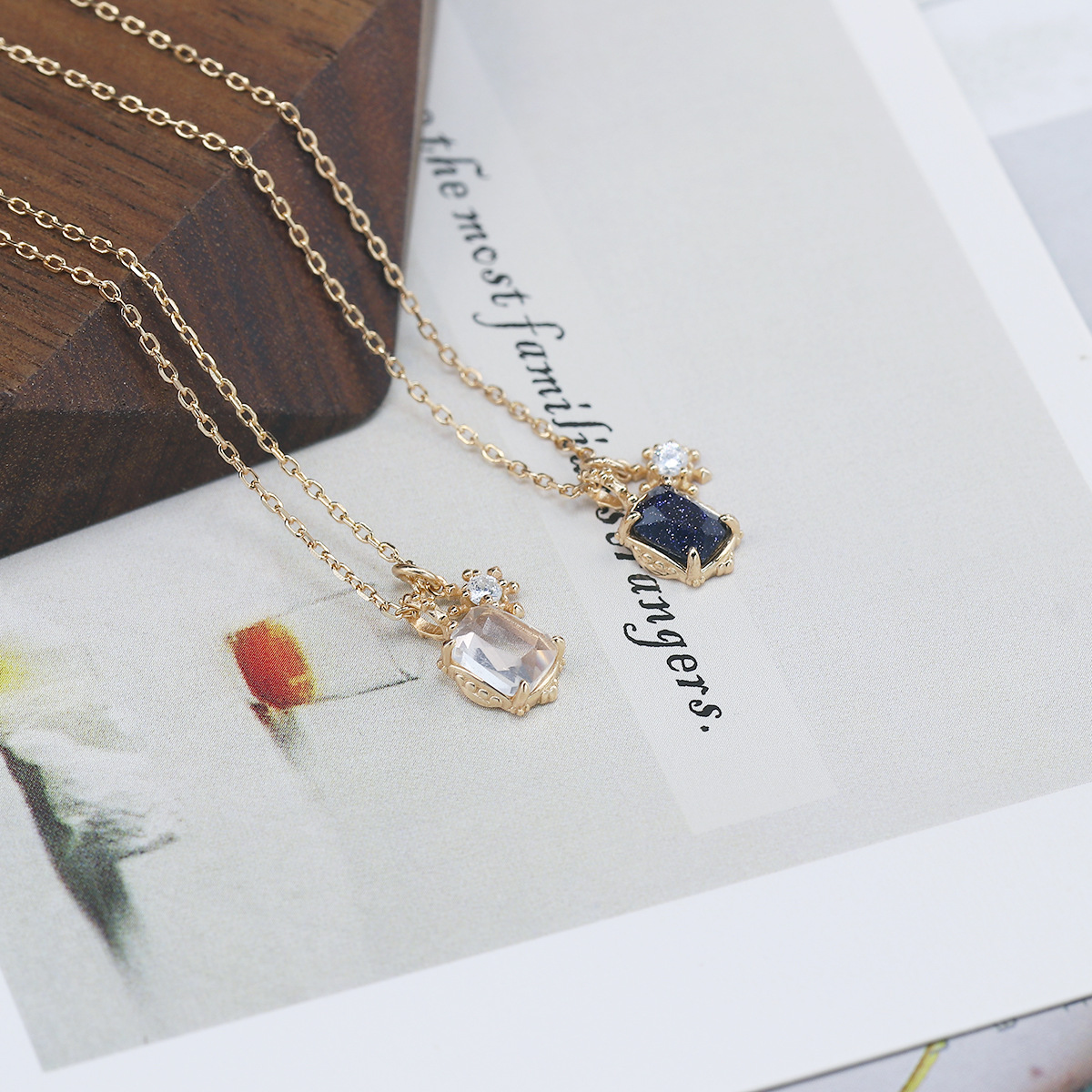 韩版简约百搭小众锁骨链 925纯银镀金紫金石长方项链nojess许愿星