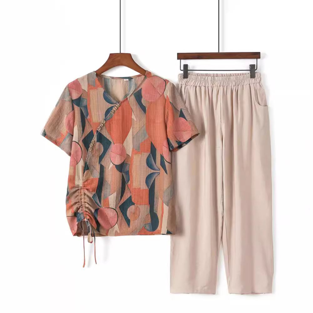 妈妈夏装套装2024新款棉麻洋气中老年女装时尚短袖两件套中年女上