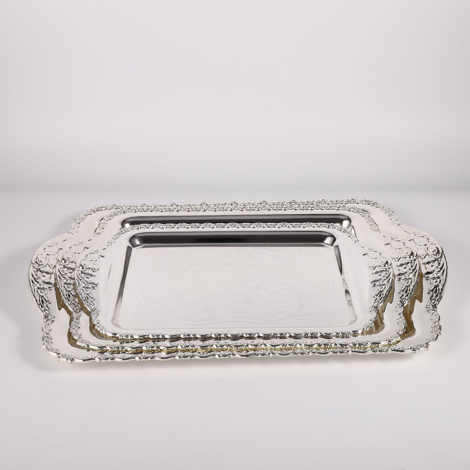 European-Style Pattern Rectangular Fruit Plate Stainless Steel Golden Handle Restaurant Serving Plate Buffet Hotel Storage Plate