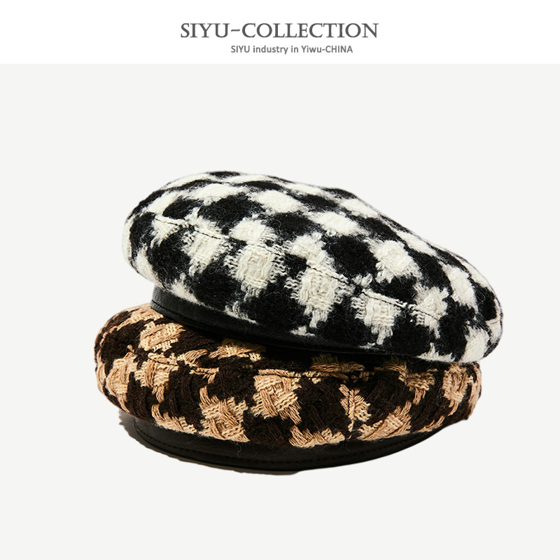 Internet Celebrity Leather Edge Beret Women's Autumn and Winter Wool Knitted Beret Japanese Style All-Matching Fashion Houndstooth Painter Hat